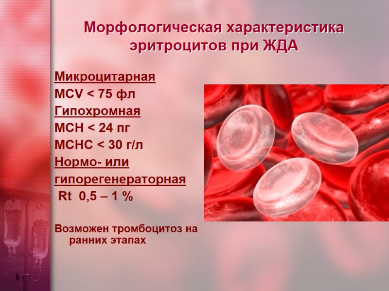 Морфологическая характеристика эритроцитов при ЖДА Микроцитарная MCV < 75 фл Гипохромная MCH < 24